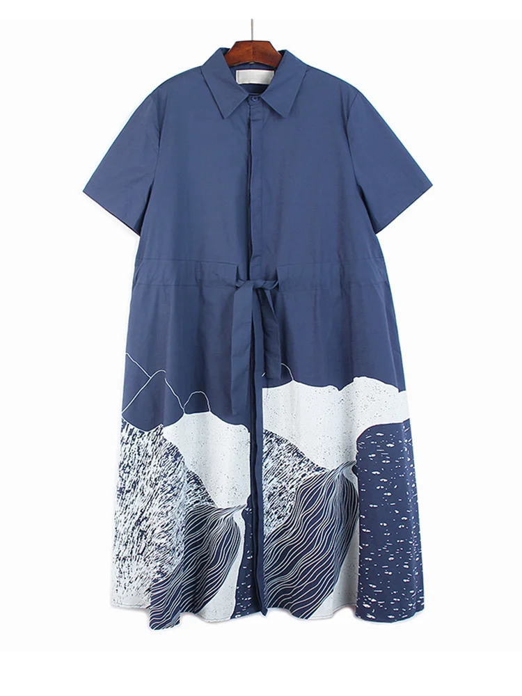 

Women Blue Pattern Printed Big Size Long Shirt Dress New Lapel Short Sleeve Loose Fit Fashion Spring Summer 2022 M801