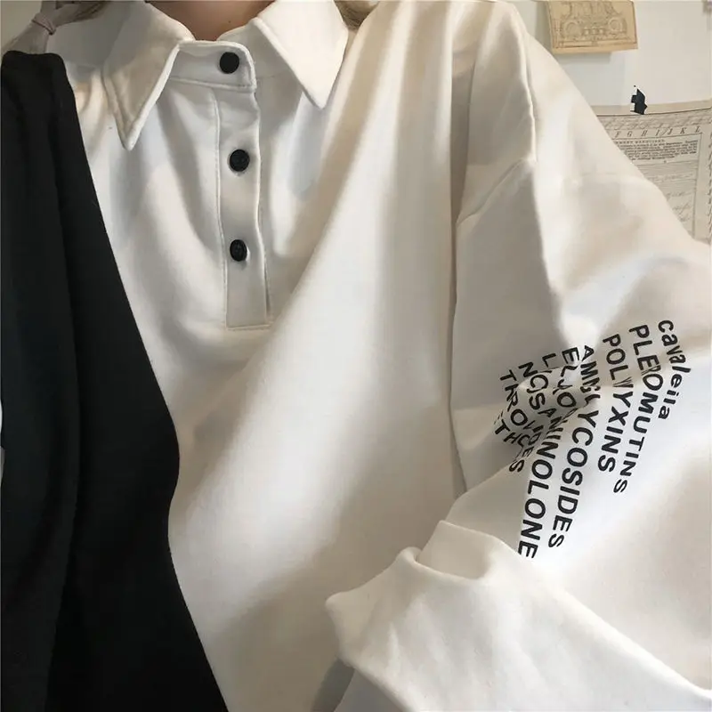 Houzhou Harajuku Hoodie Feminino Preto Branco Retalhos Polo Colarinho Solto Casual Manga Longa Camisola Carta Impressão Tops Streetwear 10 Computers & Electronics