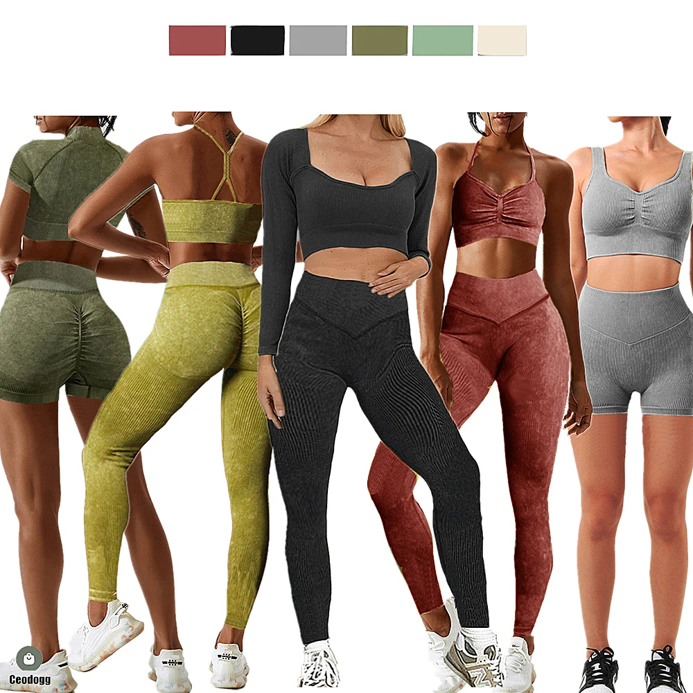 Washing Seamless Yoga Set Women Workout Pant Crop Top Shirt Shorts Gym Outfits Fitness Scrunch Leggings Active Suits