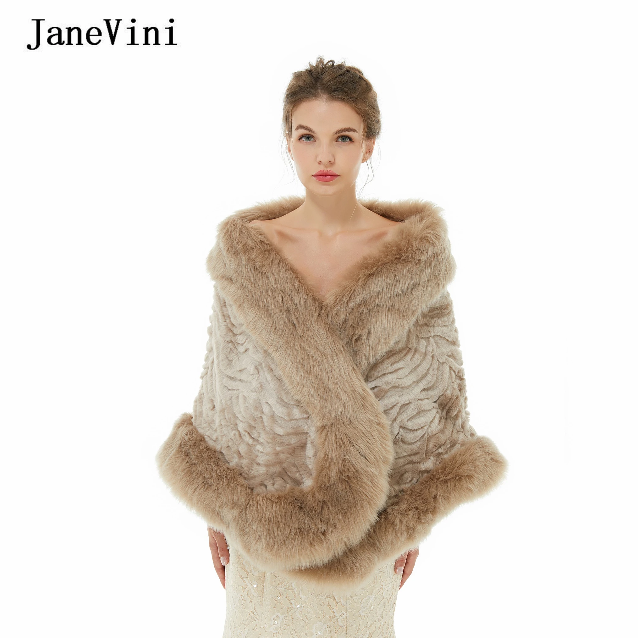 

JaneVini Luxury Bolero Khaki Cape Wedding Shawls Faux Fur Stole Bride Jacket Winter Evening Party Wraps Shrug Bridal Accessories