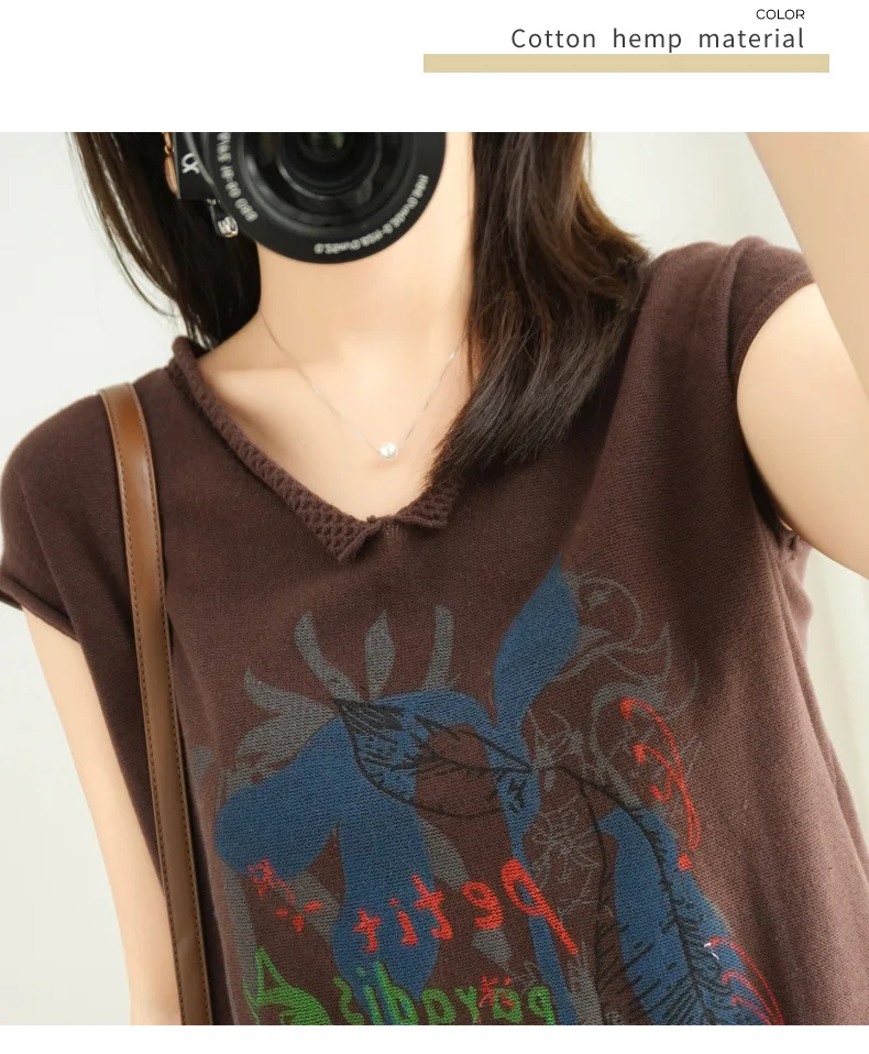 Primavera e Verão Algodão de Manga Curta de Malha Feminina com Decote em v Camisa de Fundo Camisola Pulôver Impresso Topo 2022 100% 24 manga curta de malha camisola feminina com