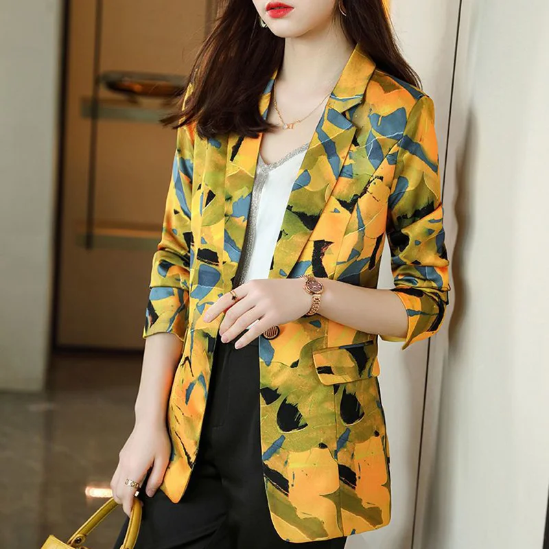 Elegant Lapel Button Spliced Pockets Printed Blazer Women's Clothing 2023 Autumn New Casual Tops All-match Office Lady Blazers