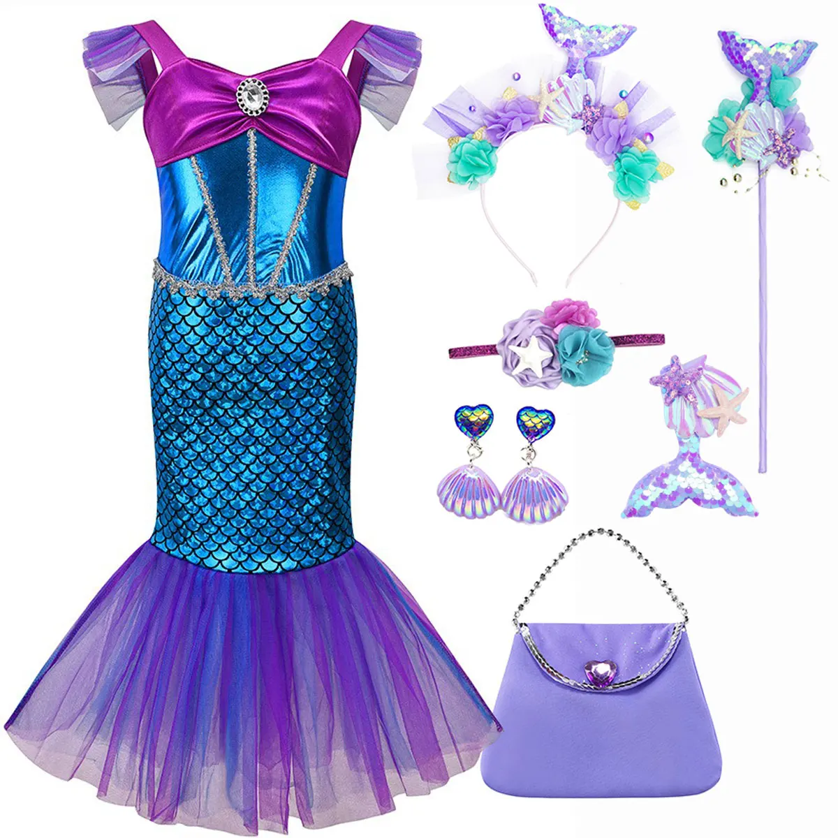 Bambini Sirenetta Costume Bambini Estate Spettacolo Vestito Elegante Ragazze Ariel Natale Tulle Vestiti Principessa Cena Travestimento