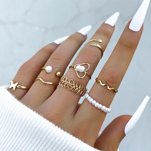 Bohemian Wave Flower Rings Set For Women Vintage Geometric Pearl