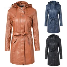 

2022 Spring Fall Zip Hooded PU Leather Jacket Women Winter Warm Mid Length Belt Fleece Thick Coat with Pockets Motorcycle Coats