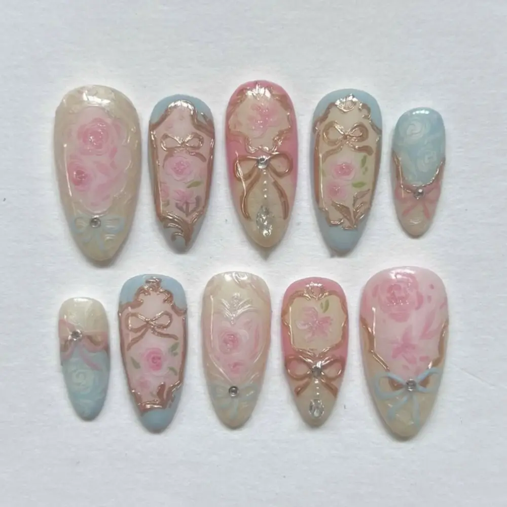 24pcs Manicure Long Almond False Nails Metallic Bow French Fake Nails 3D Flower Glitter Sequins Press on Nails Women