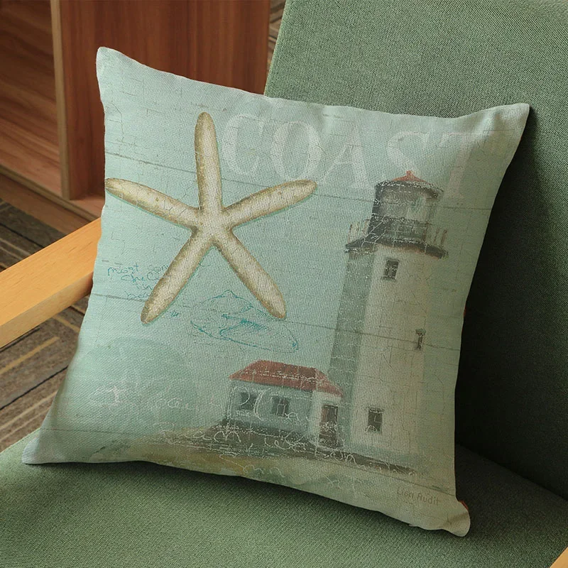 45x45cm Beach Coast Lighthouse Conch Starfish Pattern Polyester Pillowcase Cushion