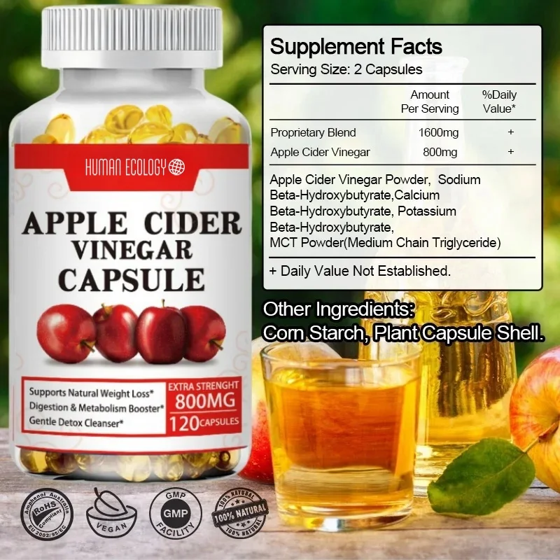 Organic Apple Cider Vinegar Capsules Healthy Weight Management Digestion Detox Immune Soothes Gas Bloating Food
