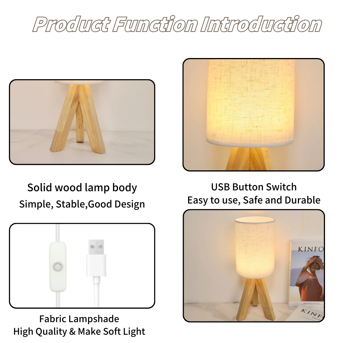 1pc USB 미니멀리스트 삼각대 침대 옆 램프(리넨 갓 포함), 침실 식당 바 테이블 램프, 독서 테이블 램프, 야간 조명