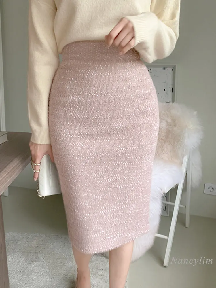 Women's Spring Winter Woolen Skirt Mid-Length High Waist One