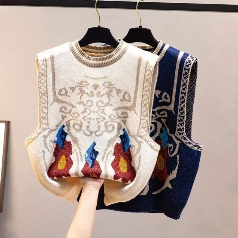

New 2024Women Vintage Totem Flower Pattern Sleeveless Knitted Vest Sweater Female Retro National Style Casual Autumn WaistCoat