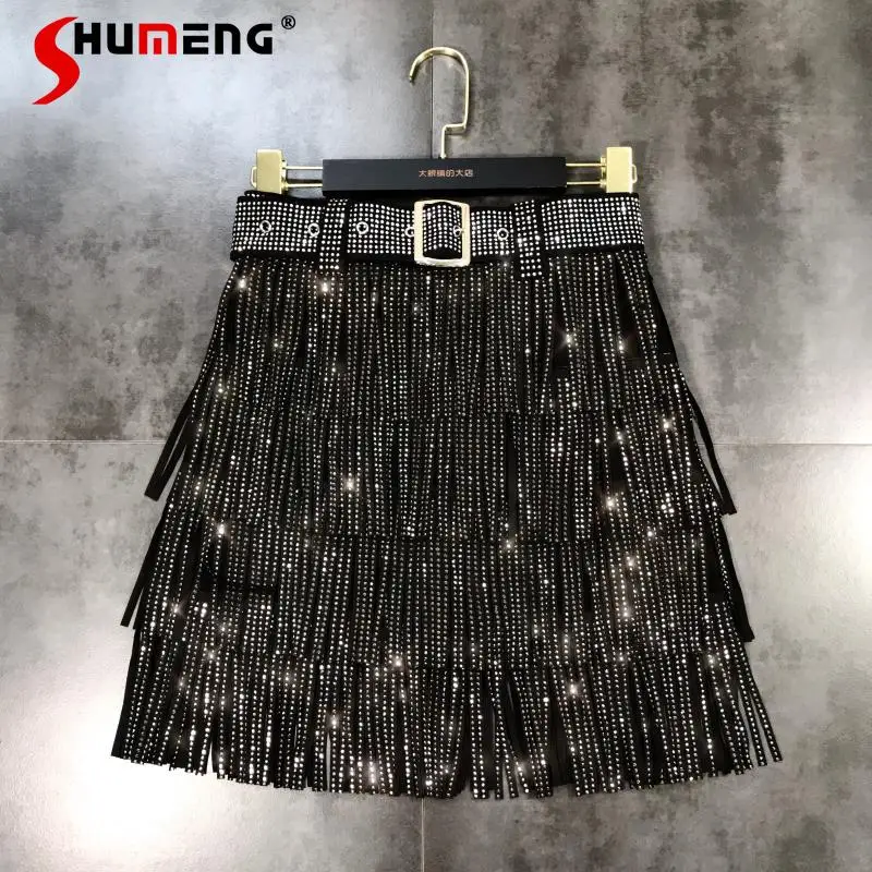 Fashion 2024 Spring New Skirt Hot Drilling Rhinestone Tassel Belt Multi-Layer Dress Skirt Gorgeous Exquisite A-Line Skirts fashion luxury rhinestone western belts diamond crystal studded belts cowgirl cowboy for women men strap for jeans