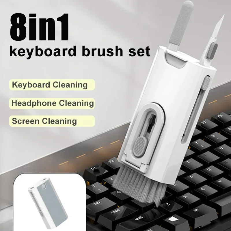 Escova de limpeza do teclado do computador, Caneta de limpeza do fone de ouvido, Extrator Keycap, 8 em 1 Kit de limpeza
