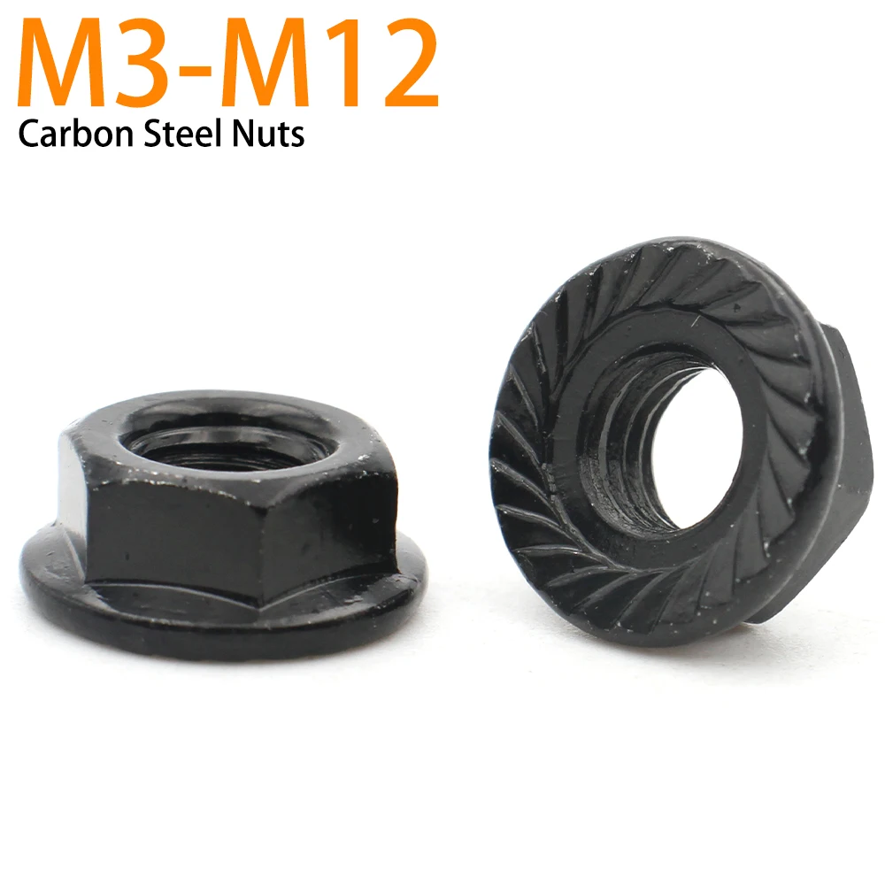 2 /5 /10 /20 pcs M3 M4 M5 M6 M8 M10 M12 Black Carbon Steel Flange Nut Hexagon Hex Head Pinking Slip Locking Lock Nut