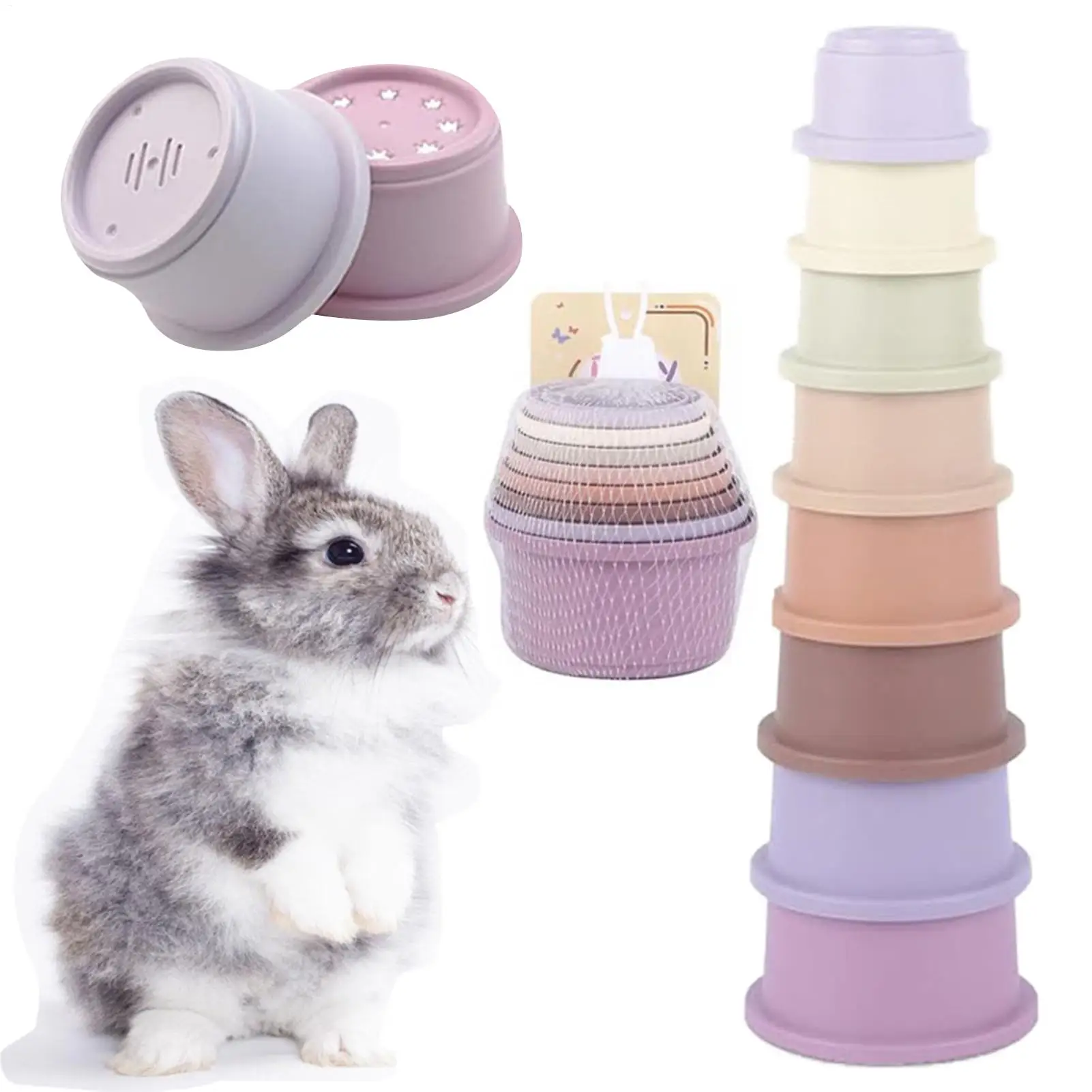 Rabbit Stacking Cups 8Pcs Safe Reusable Bunny Toys Snack Cups Enrichment Toys for Bunny Small Animals Hiding Food And Playing