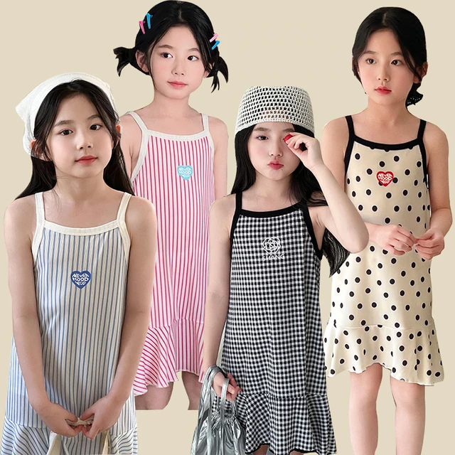 Robes d'été en coton pour filles Robes de mode pour enfants Robes fines à licou pour filles Robes à fleurs pour enfants Robes à pois Plaid D 1