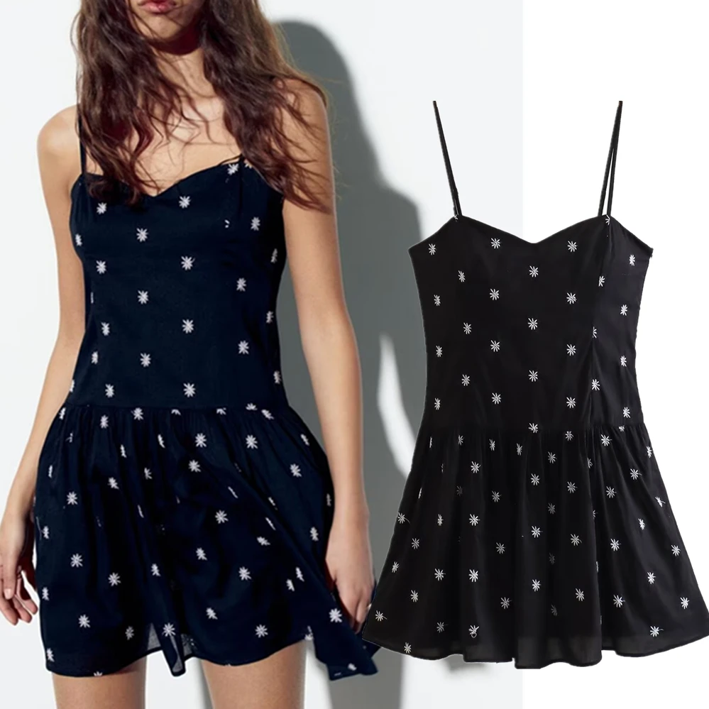 

Jenny&Dave Fashion Ladies Cotton Sexy Mini Dress Women French Retro Daisy Floral Embroidered Sling Dress