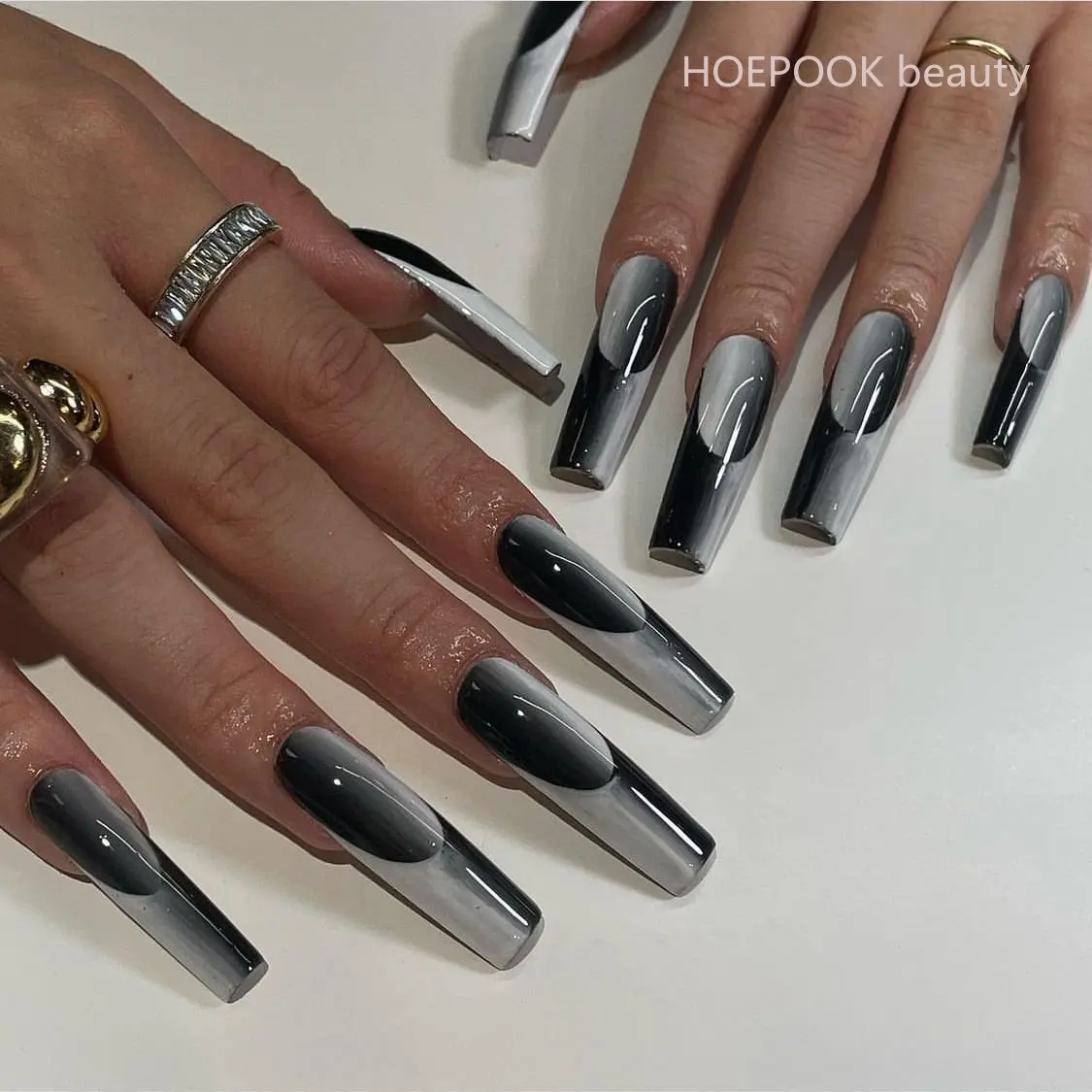 24pcs Black Grey Long T Gradient Wearing Fake Nails Seamless Removable