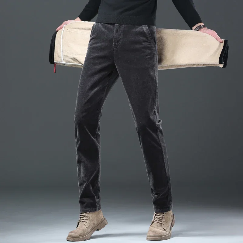 Winter New Men's Corduroy Fleece Casual Pants Thick Warm Classic Fashion Straight Plush Velvet Trousers Male Brand Clothing 2