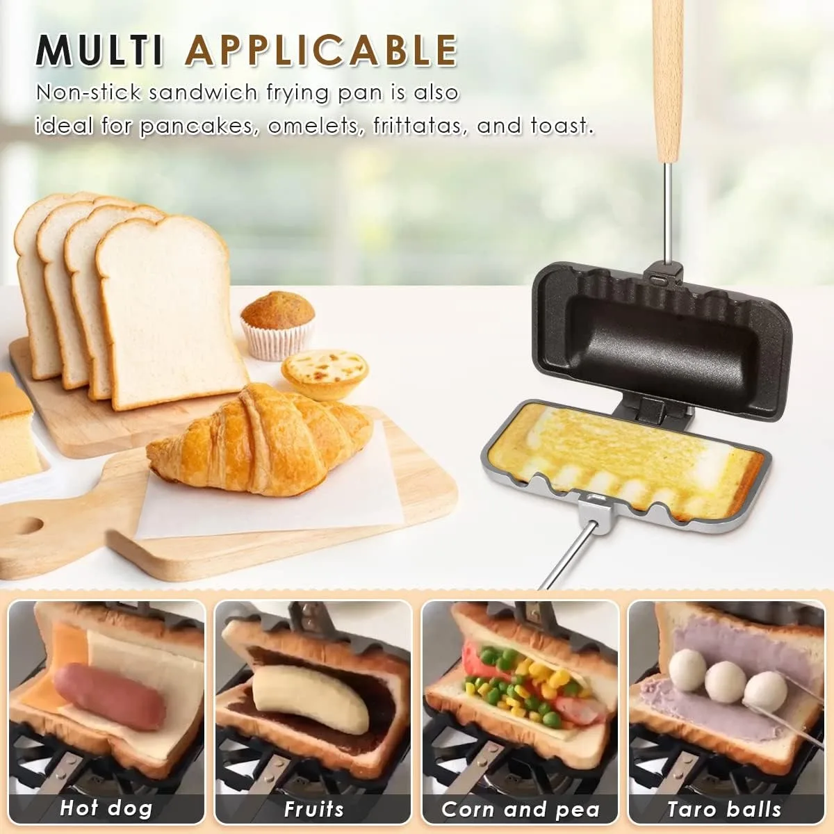 Double Sided Frying Pan, Sandwich Baking Pan Sandwich Maker Aluminum Flip Top Pan Nonstick Double Sided Skillet for Breakfast Pancakes (Single Hole) 2