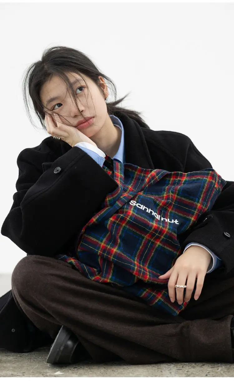 Vintage Plaid Large Capacity Crossbody Trendy Casual Tote Backpack Wool-blend cottonVersatile Handbag Oversized Canvas Armpit Ba