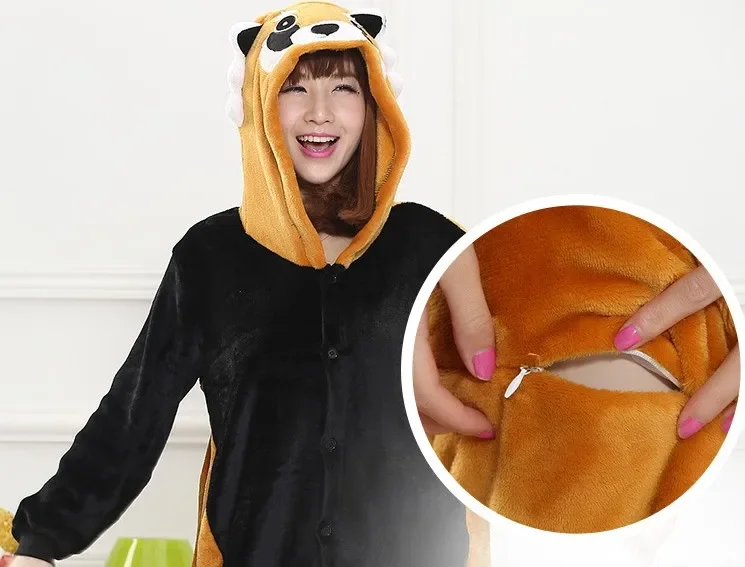 Animal Adults Raccoon Footed Pajamas Cartoon Flannel Red Panda Footed Kigurumi Onesies Cosplay Costumes MINISO