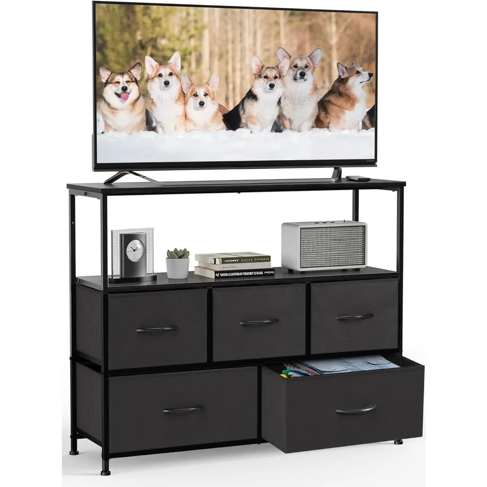 

TV Stand Dresser for Bedroom Entertainment Center with 5 Fabric Drawers Storage Organizers Units，Media Console Table