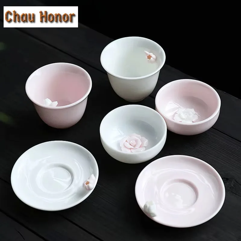 2pc/lot Boutique Pink Mutton Fat Jade Inch Flowers Teacup Tea Bowl Water Jug Tea-tasting Smelling Cup Chazhan Master Cups Cafes