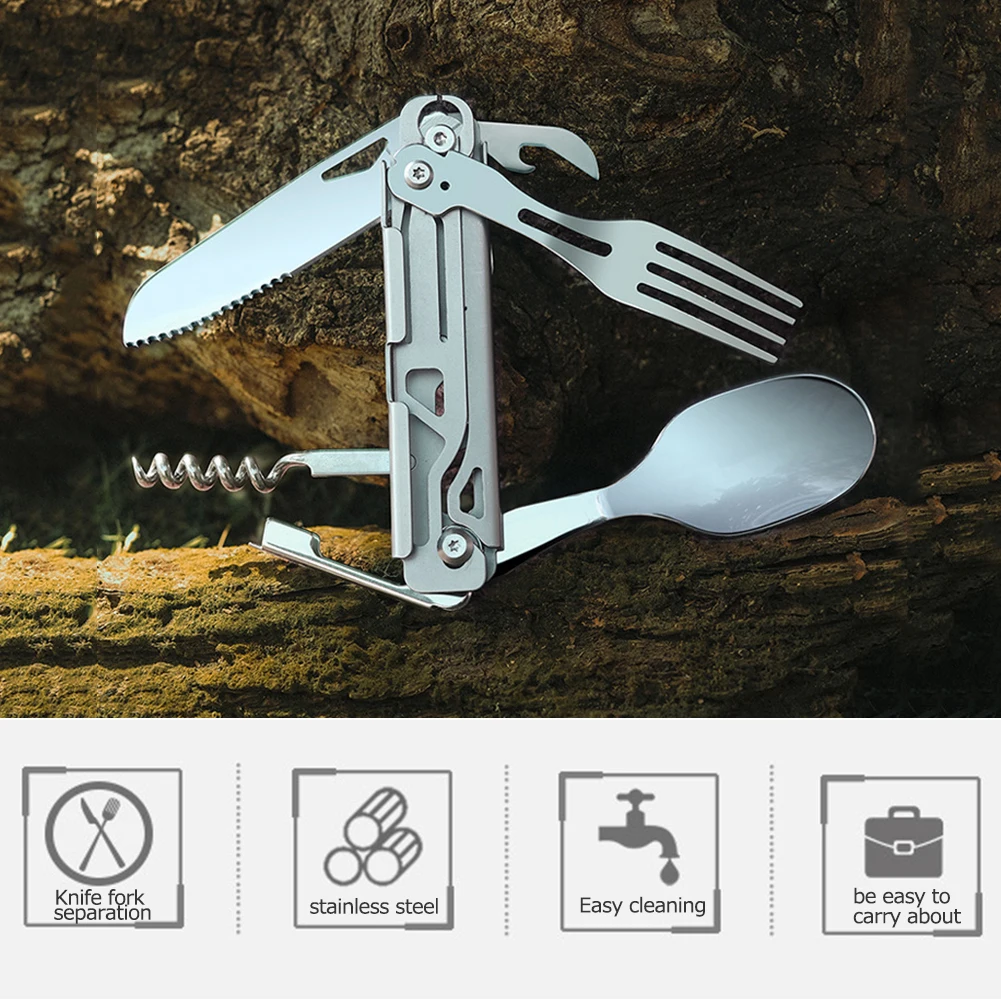 6 in 1 Multifunctional Camping Cutlery Foldable Portable Can Bottle Opener EDC Tool Smooth for Picnic Hiking for Travelling BBQ