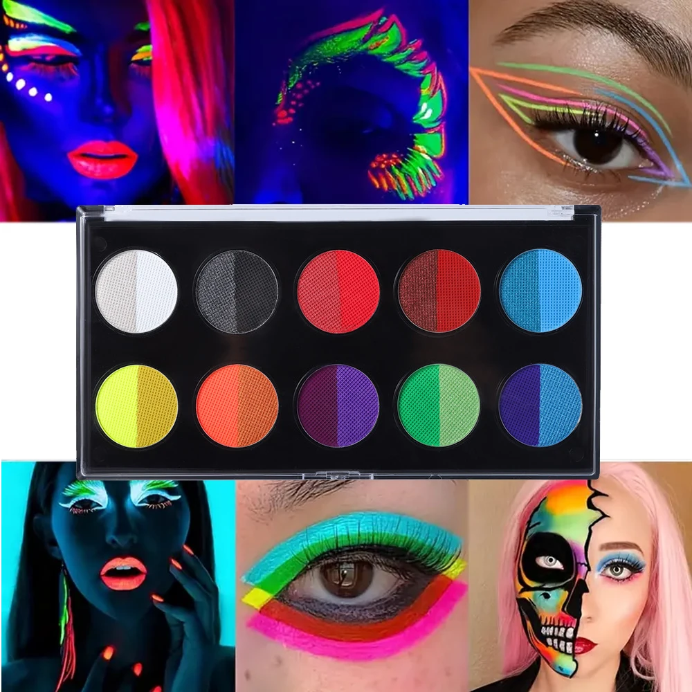 10 Colors Dual Colour Body Painting Fluorescent Face and Body Painting Luminous UV Neon Face Body Painting Makeup with Brush Set 2