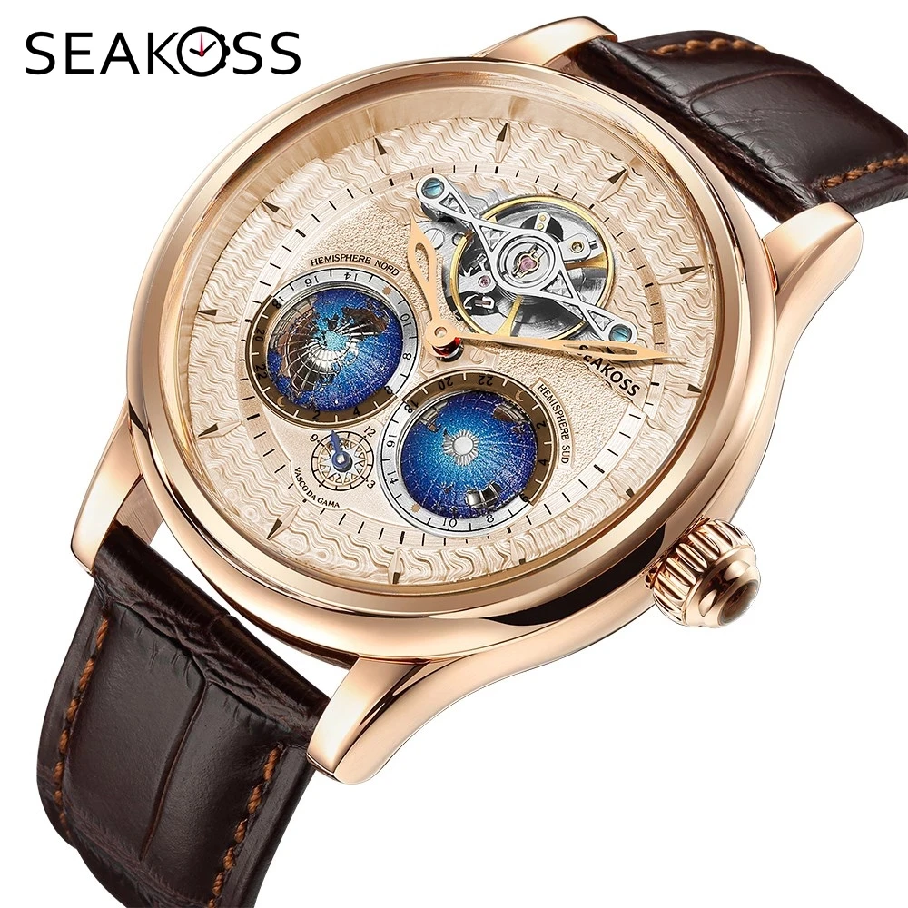 

SEAKOSS Fully Automatic Earth Mechanical Watches Men 3D Double Globe Rotating Flywheel Tourbillon Device Male Wristwatches 5ATM