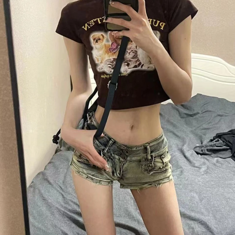 Sexy Low Rise Denim Super Shorts Women's Summer Elastic Slim Skinny Rivet Vintage Blue Short Jeans Y2k Fashion Spicy Girls Pants