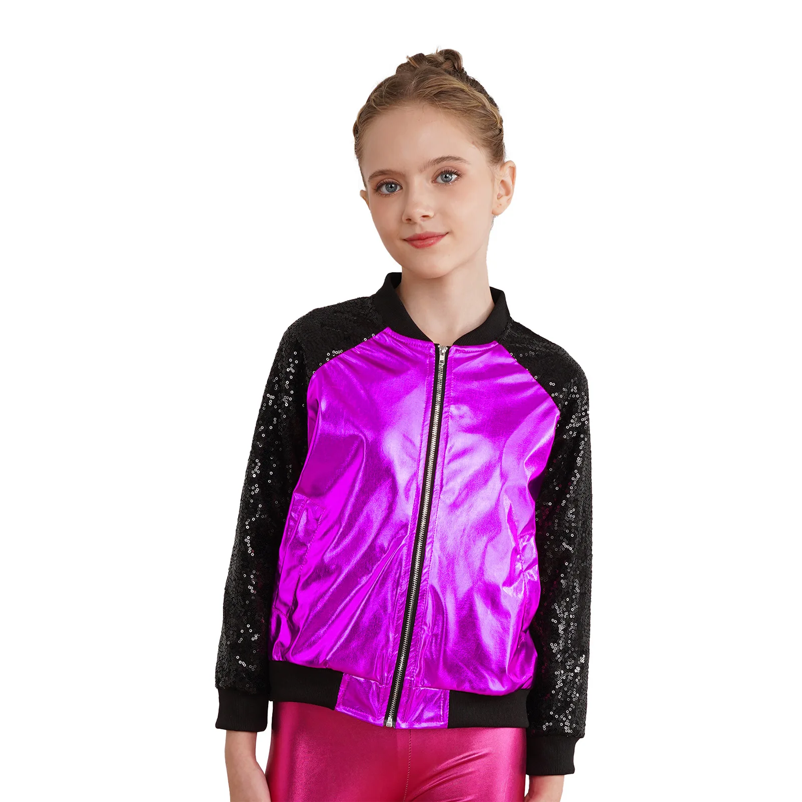 Kids Girls Metallic Shiny Bomber Jacket Hip Hop Jazz Dance Stage