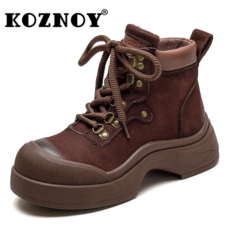 

Koznoy 4.5cm British Natural Cow Genuine Leather Plush Chelsea Chimney Ankle Boots Women Autumn Spring Fashion Band Winter Shoes