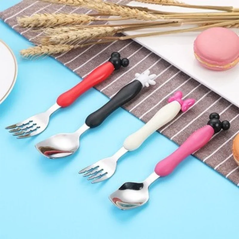 Kids Tableware Disney Mickey Minnie Mouse Wheat Straw Kids Dishes Cartoon Cute Tableware Stainless Steel Set Dinner Children Feeding Spoon Fork