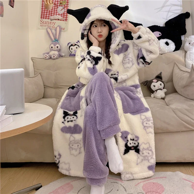 

Kawaii Sanrio Kuromi Coral Fleece Pajamas for Women Winter Medium Length Thicken Sleepwear Cartoon Hooded Nightgown Nightdress