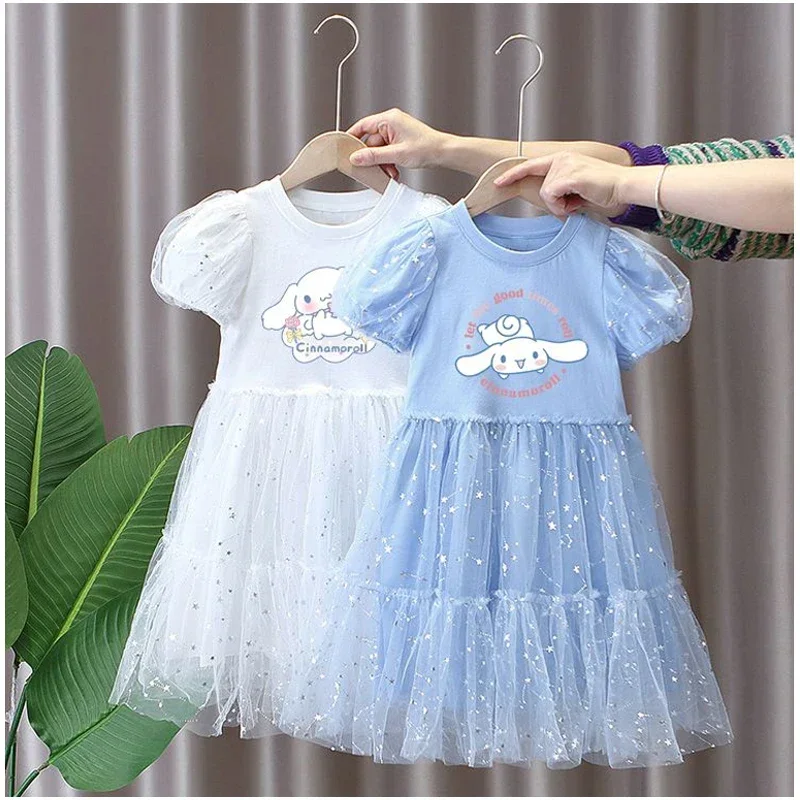 

Sanrios Anime Cinnamoroll Children Clothing Summer Short Sleeve Dresses Cartoon Sweet Cute Girls Party Princess Dress Yarn Skirt