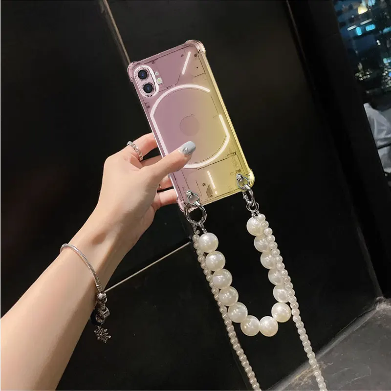 Pearl Chain Crossbody Lanyard Case with Rainbow Gradient Soft TPU Shockproof Cover