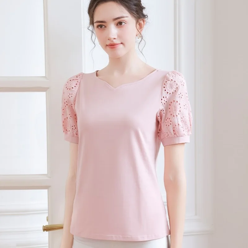 

Женская хлопковая Футболка TuangBiang, зеленая летняя футболка с V-образным вырезом и цветочным принтом, однотонные универсальные Топы 2024