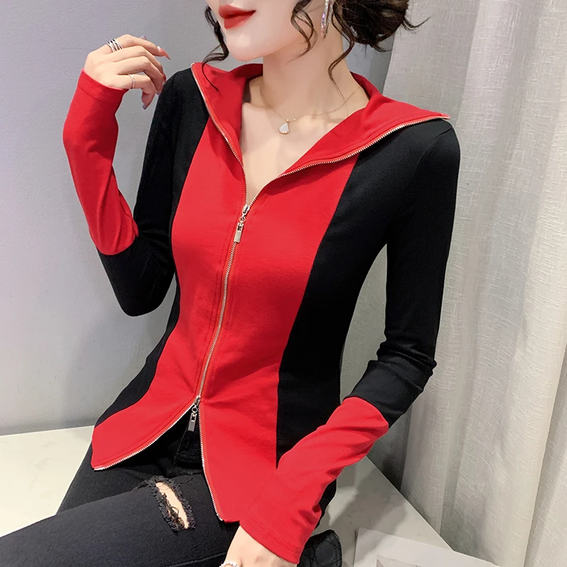 

Fall Winter European American Clothes Cotton T-Shirt Fashion Sexy Stand Color Blocking Zipper Women Tops Long Sleeve Tees 9303