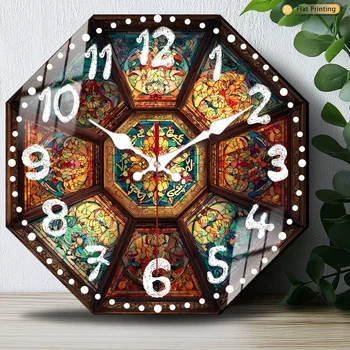 "Octagon Stained Glass Wall Clock – Floral Design" 1