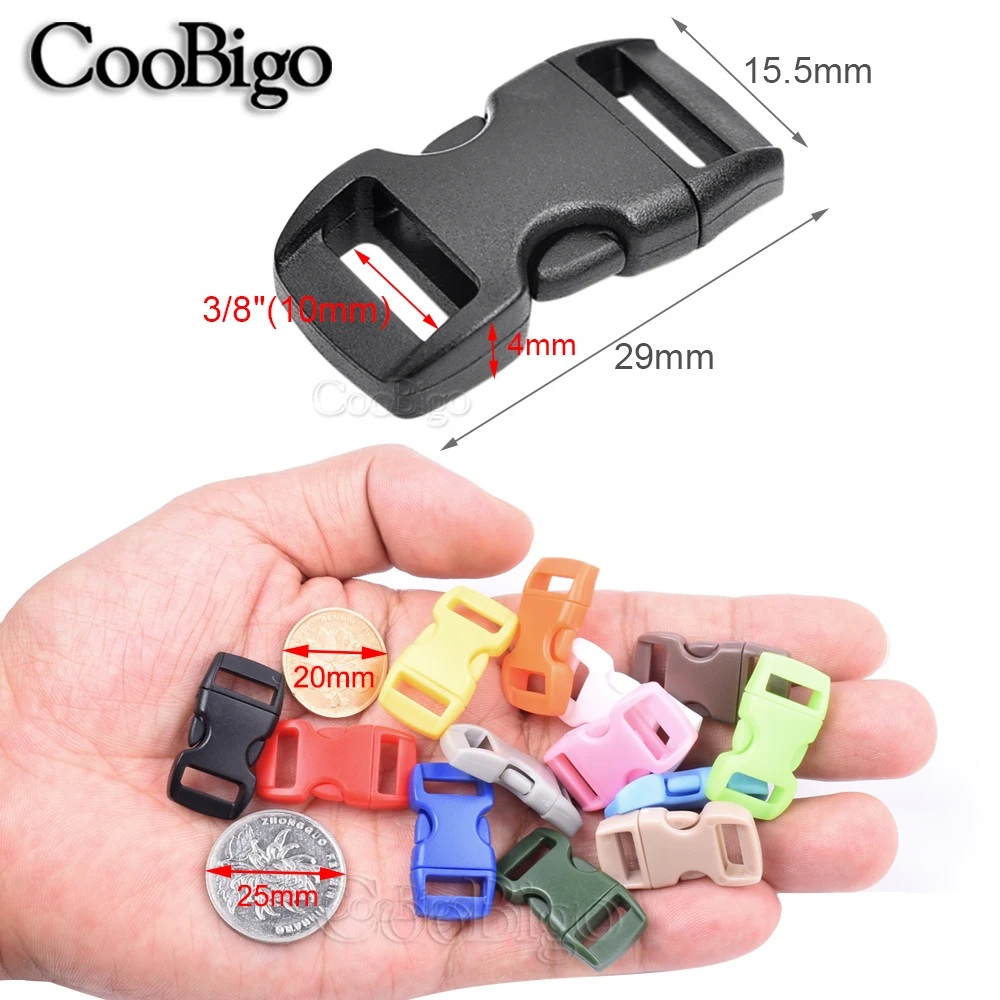 100pcs 3/8 10mm Paracord 팔찌 클립 측면 릴리스 버클 플라스틱 애완 동물 고리 스트랩 야외 캠핑 DIY 공예 액세서리