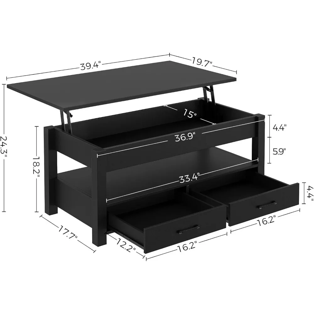 Coffee Table, Lift Top Coffee Table with Drawers and Hidden Compartment, Retro Central Table with Wooden Lift Tabletop 3