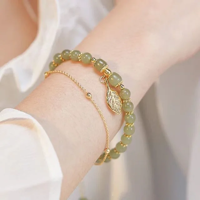 52150-96b11d.jpg Chinese Style Green Jade Bracelet For Women Exquisite Gold Color Leaves Wrist Strap Bangle Double Chain Bracelet Girls Gifts