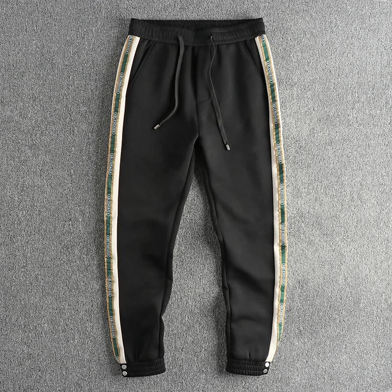 

Модные повседневные мужские спортивные брюки с лентами и боковыми буквами, плотные вязаные брюки из ткани, облегающие спортивные брюки до щиколотки на осень и зиму