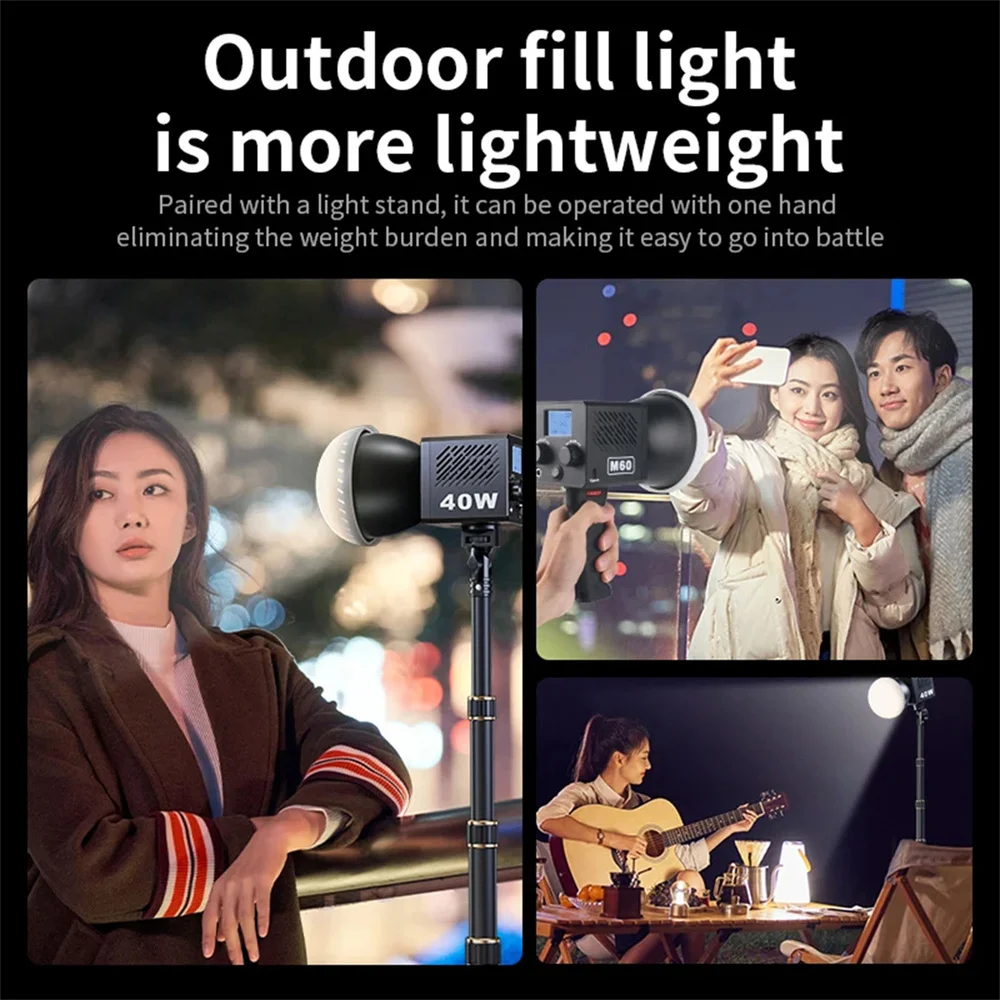 M60 핸들 사진 스튜디오 조명, COB 바이 컬러 CCT 2500-8500K CRI 95 TLCI 97 디퓨저 LED 비디오 조명, 브이로그 촬영 필 조명