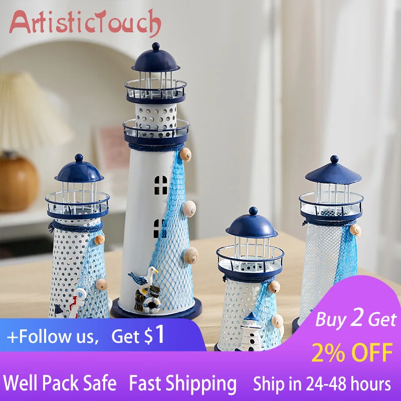

Nautical Ocean Flash Lighthouse Fishing Net Starfish Shell Metal Beacon Tower Ornaments Figurines Crafts Paperweight Home Decor