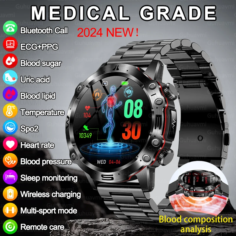2024 Ai Medical Diagnosi Smart Watch Bluetooth Call Blood Sugar Blood Lipid Monitor Dell'Acido Urico Hrv Ecg Smartwatch Per Uomo Donna