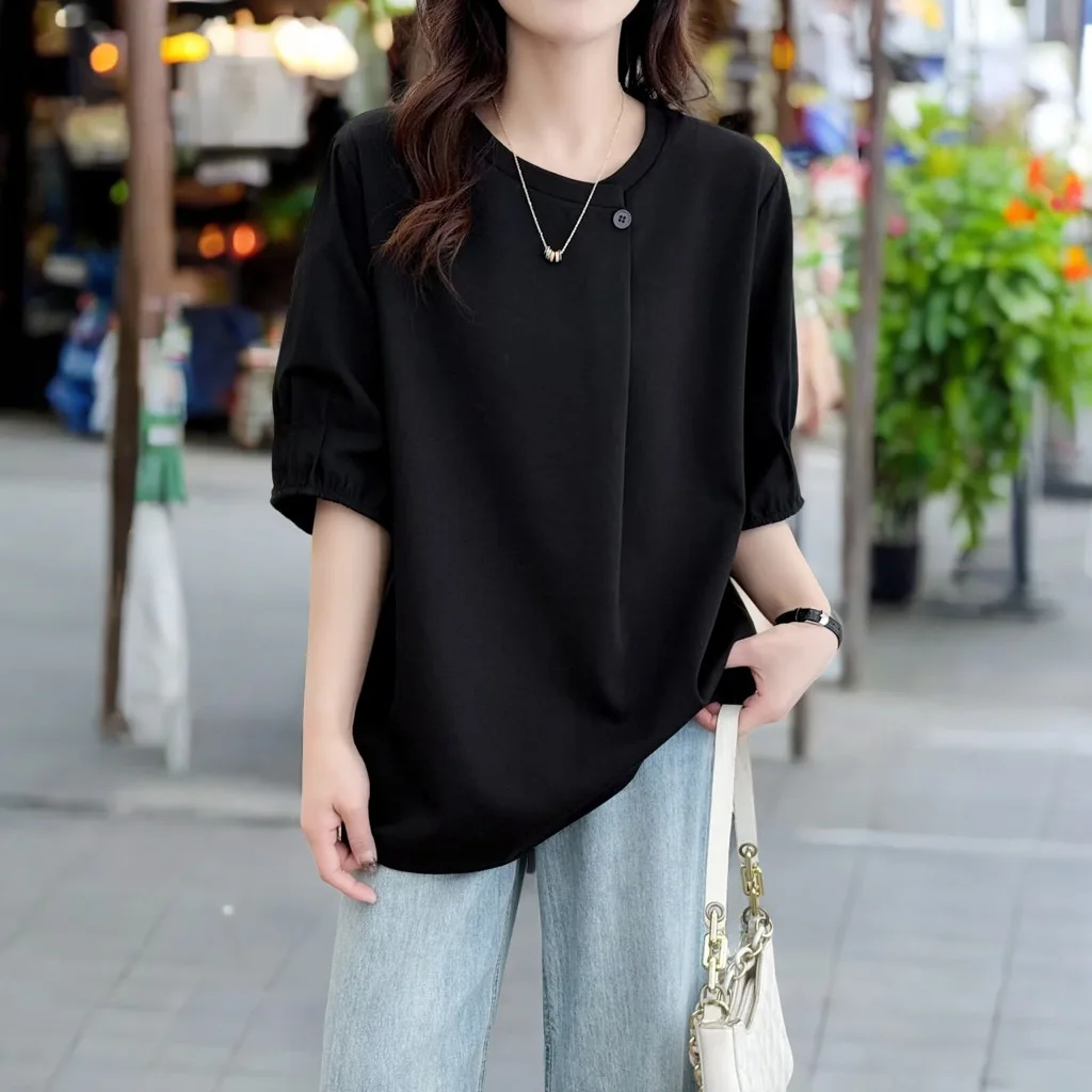 Plus Size Women's Top Summer New 100kg Design Neckline Decoration Half Sleeve T-shirt 2513