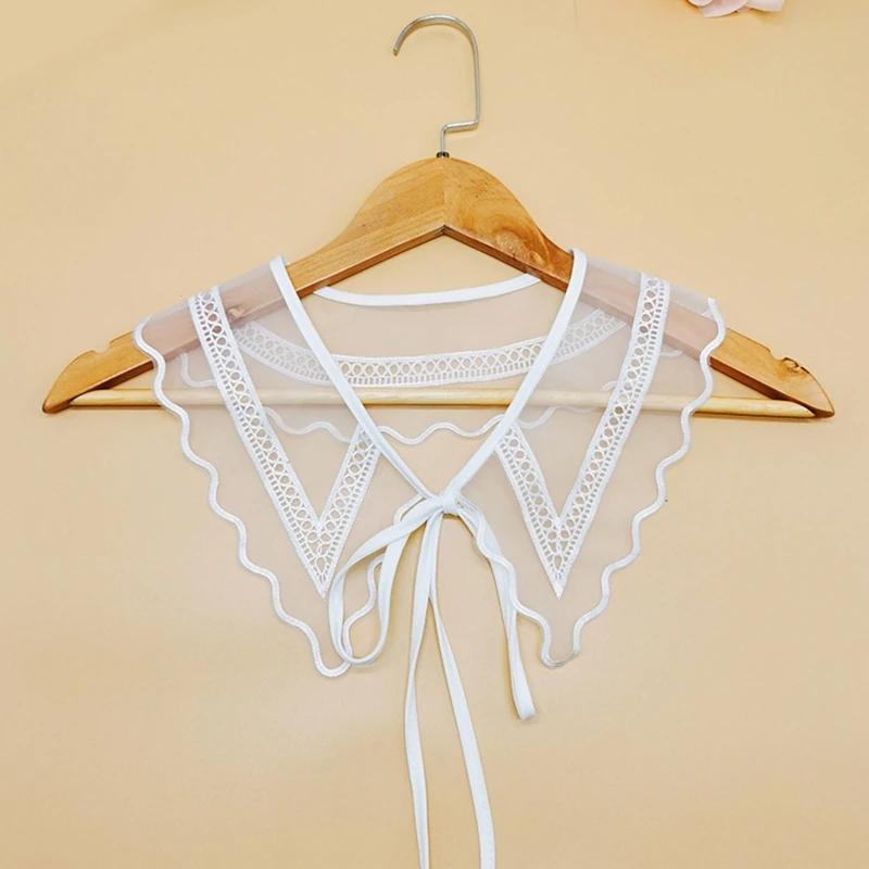 

2XPC Women White See Through Mesh Detachable Collar Shawl Wrap Exquisite Embroidery Geometric Circle Striped Lace-Up Bowknot